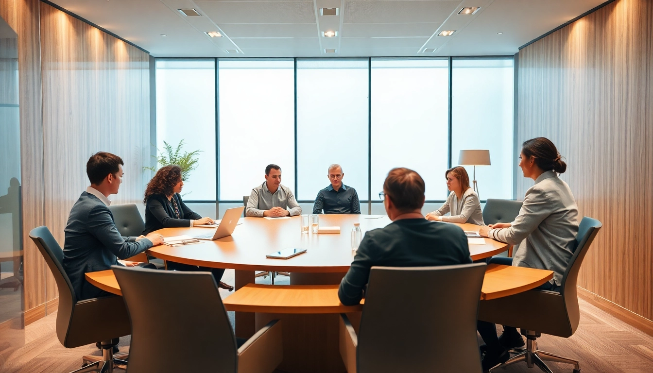 Personalvermittlungsgespräch in einem modernen Büro mit engagierten Fachkräften am Tisch.