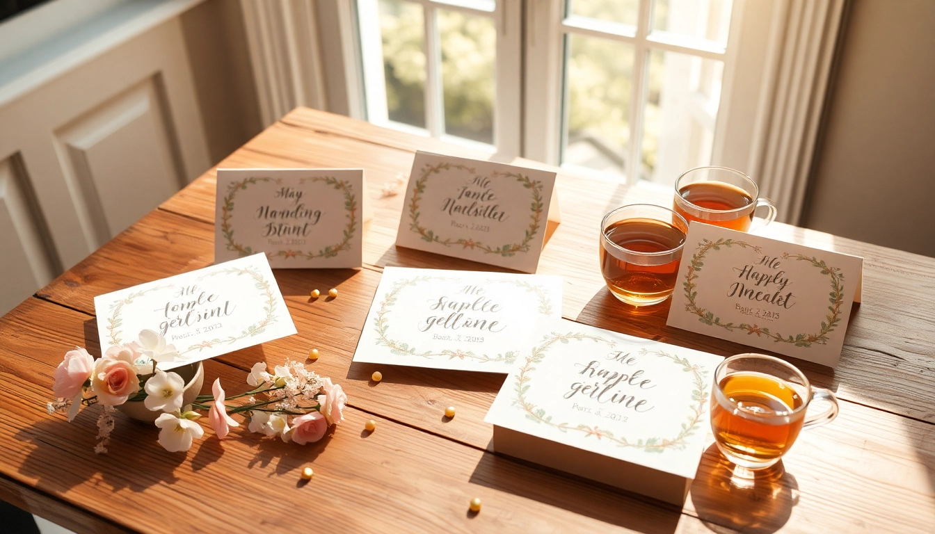 Personalisierbare Hochzeitskarten auf einem Holztisch mit floralen Mustern und Handlettering.