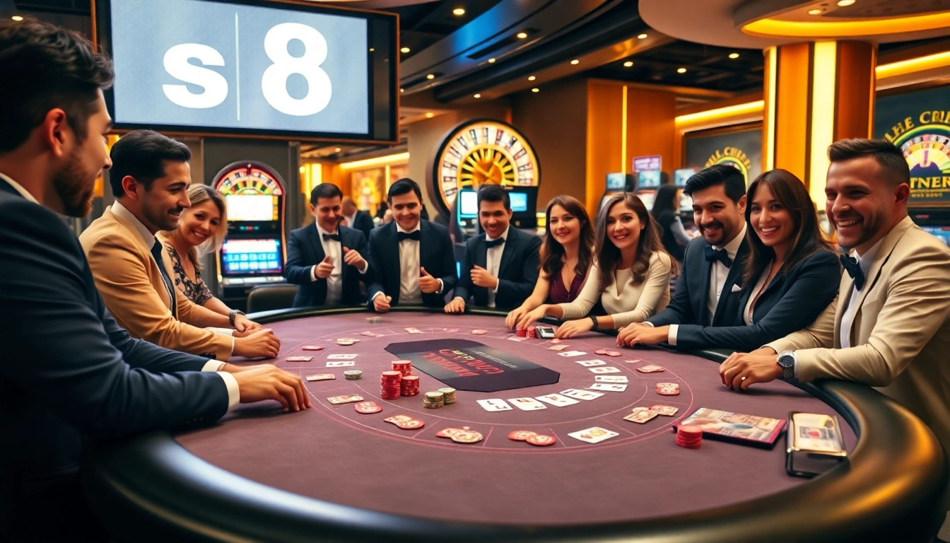Players enjoying blackjack at an S8 casino, surrounded by vibrant slot machines and roulette wheels.