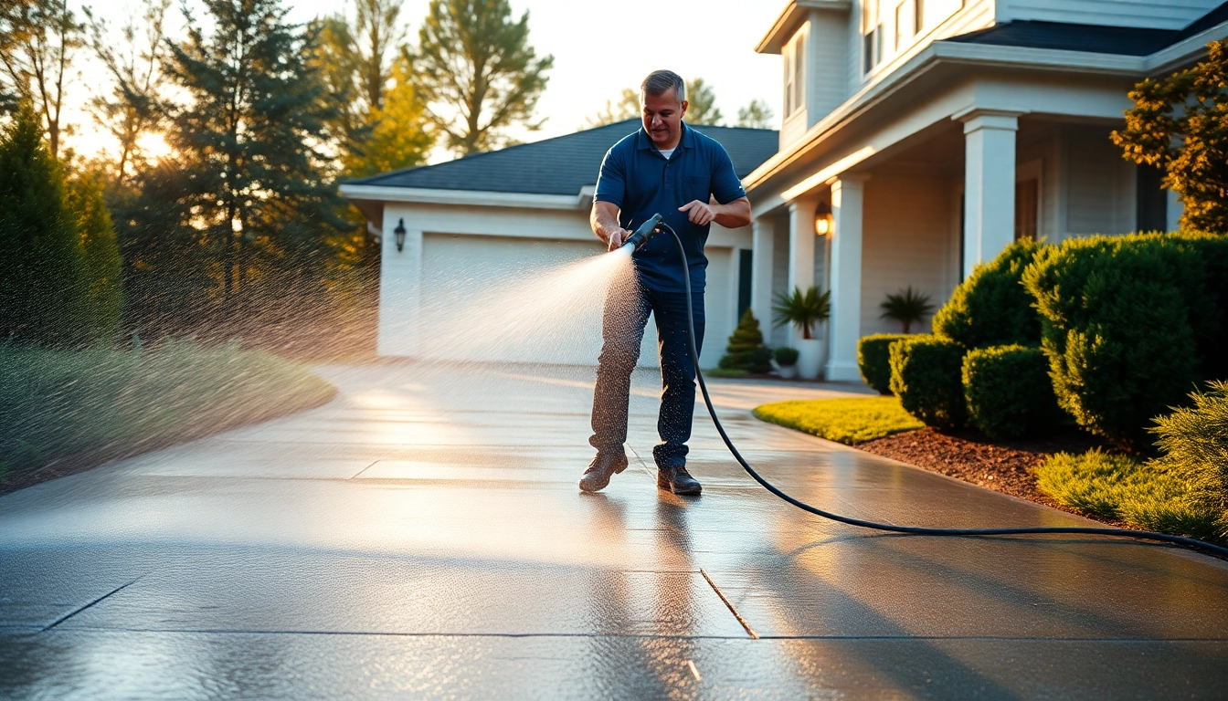 Driveway pressure wash in progress, showcasing expert cleaning technique and sparkling results.