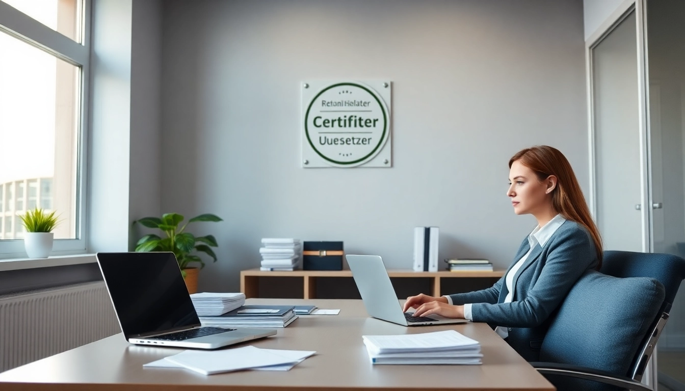 Vereidigter Übersetzer arbeitet in einem professionellen Büro mit einer Zertifizierungsplakette.