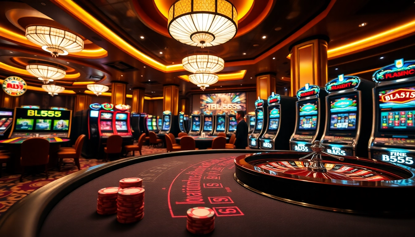 Experience BL555 action at a vibrant casino with poker chips, roulette, and luxury slot machines.