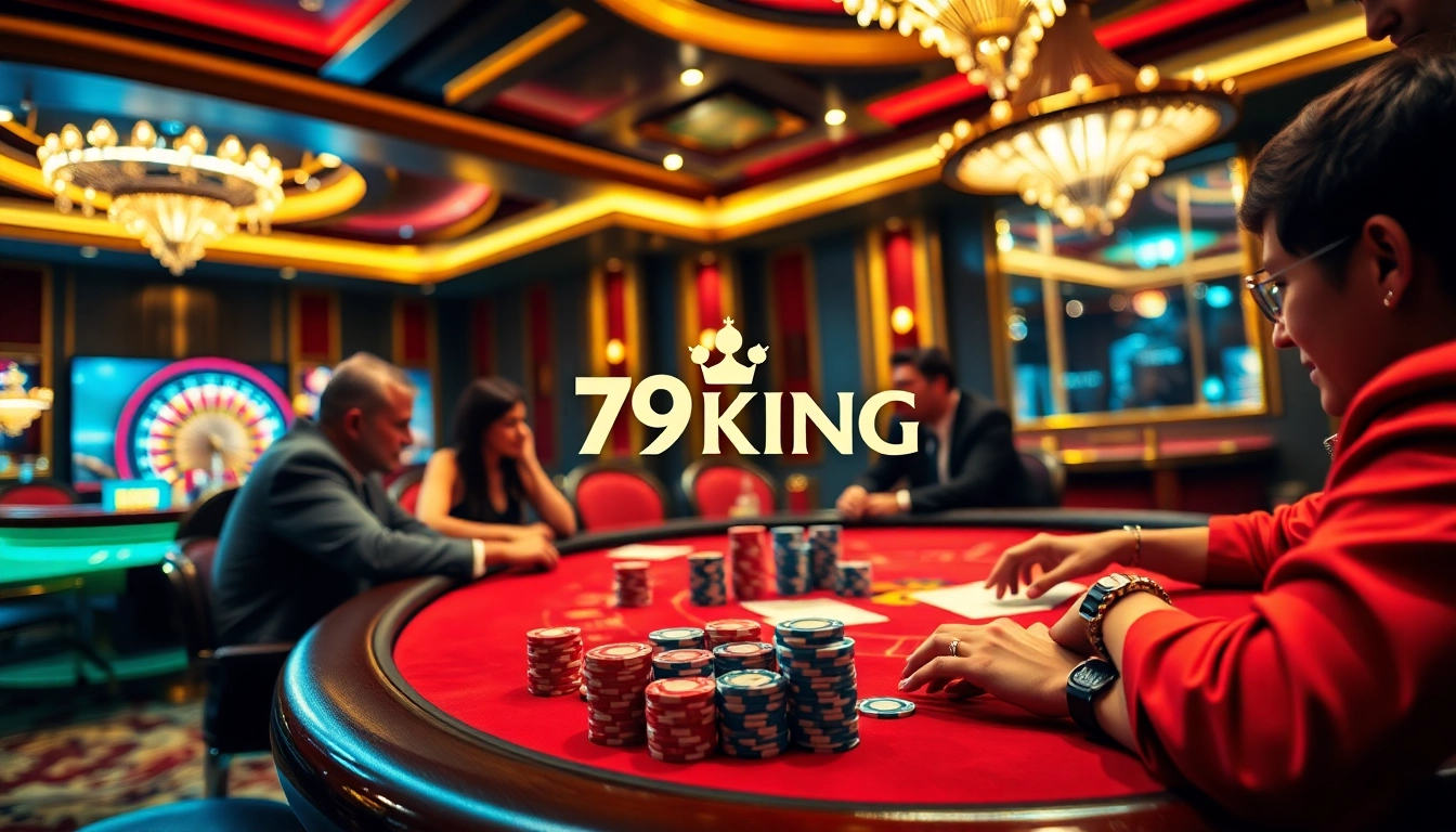 Players enjoying an exciting poker game at the luxurious 79KING casino, with vibrant decor and chips.