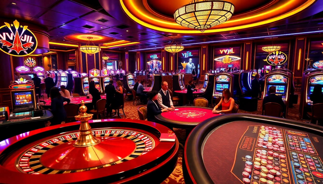 VVJL casino scene with vibrant gaming activities, including roulette and slot machines.