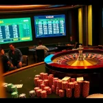 Xổ số ok8386 betting excitement in a luxurious casino setting with poker chips and gaming tables.