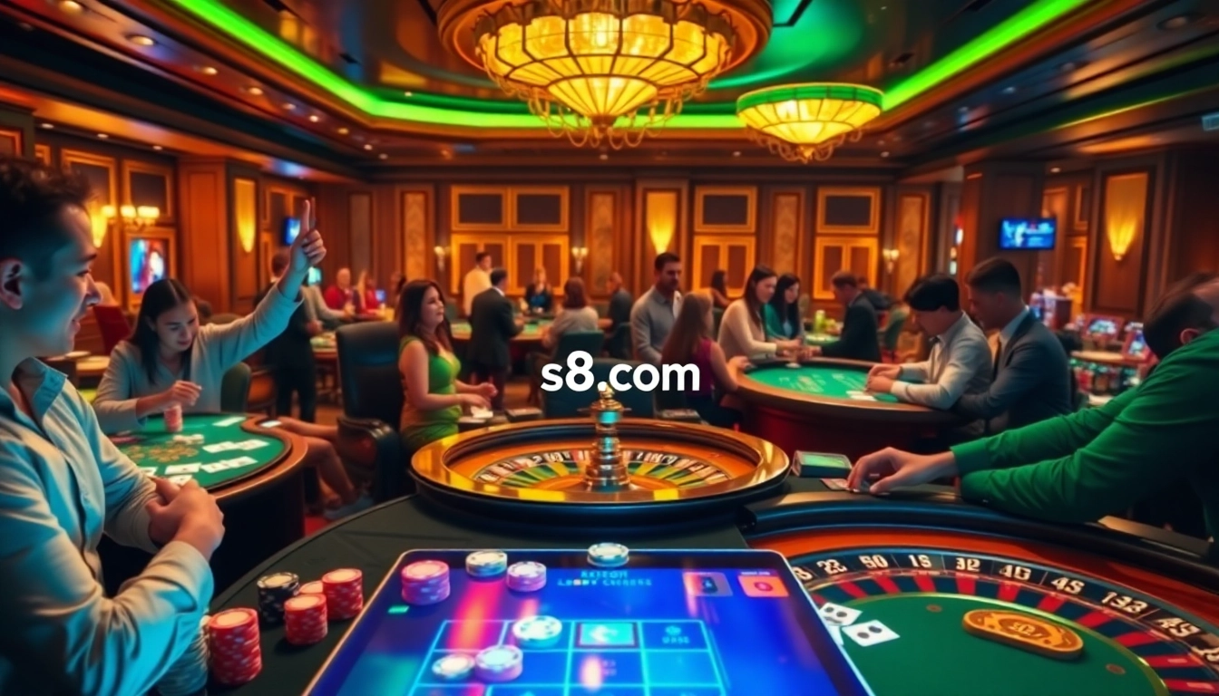 A thrilling casino experience showcasing players at s8.com, engaging with poker chips and roulette in a luxurious setting.