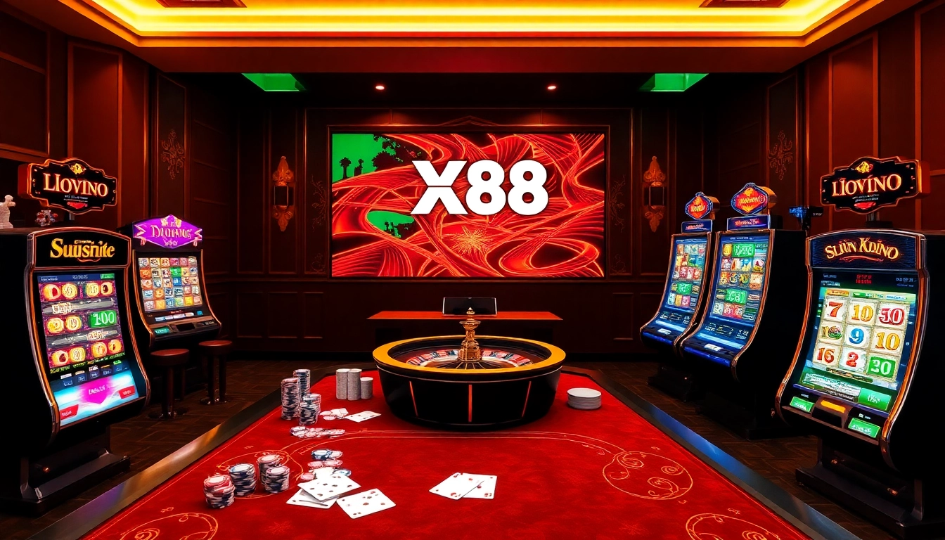 Experience the excitement of Trang chủ X88 with vibrant casino visuals featuring slot machines and poker chips.