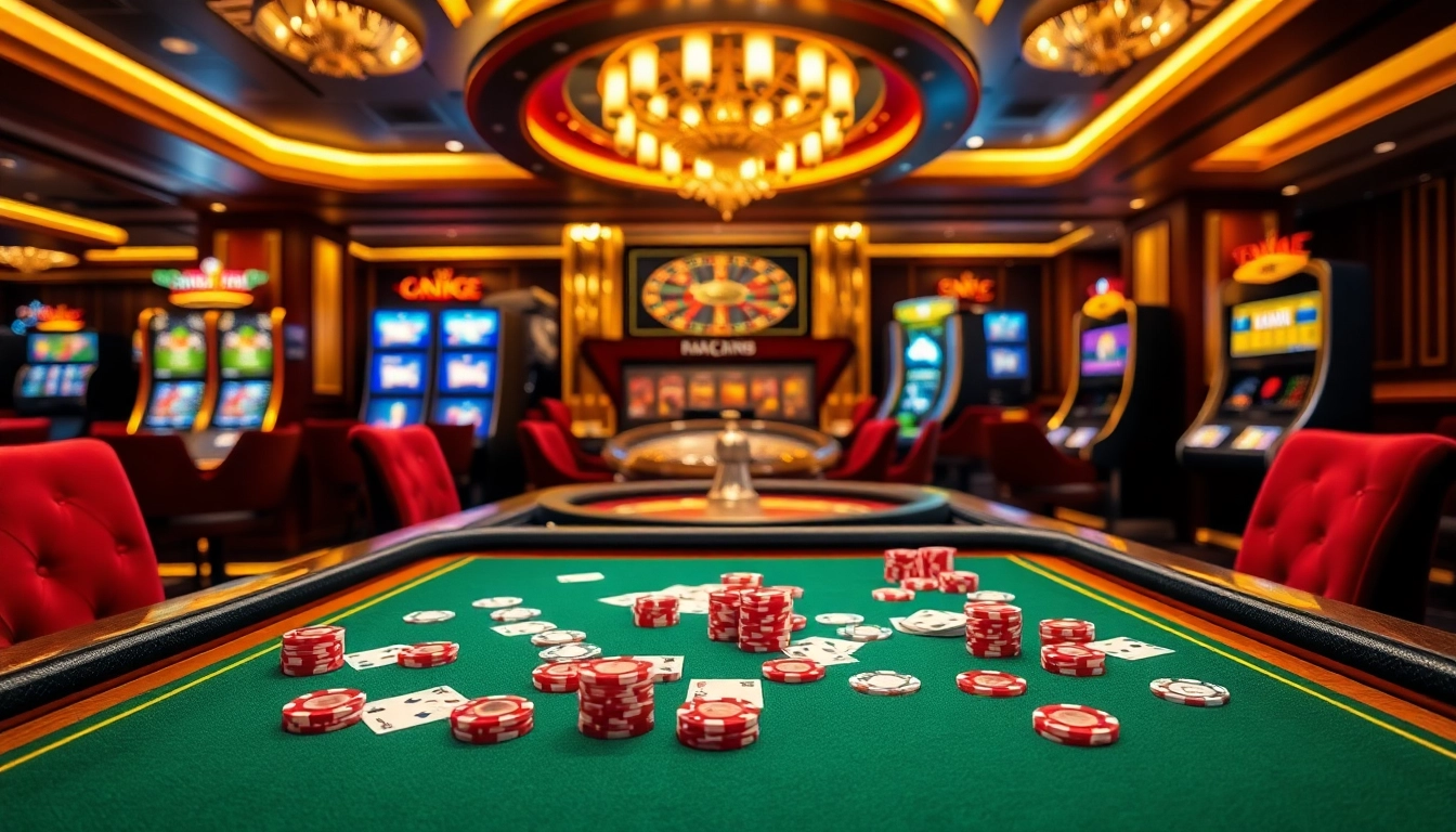 Experience the thrill of gambling tại 789club with vibrant poker chips and a roulette wheel in an upscale casino environment.