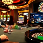 Players engaging in high-stakes poker at a luxurious casino featuring XX88 COM online interface.