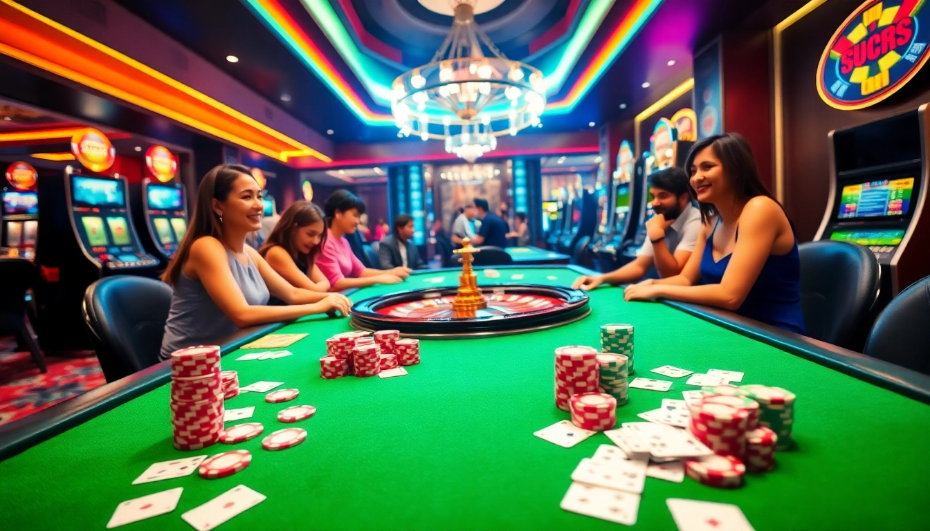 Experience the excitement of mv88 as players engage with vibrant casino games in a luxurious setting.