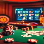 Experience the thrill of betting at B52club's glamorous poker table surrounded by vibrant casino elements.