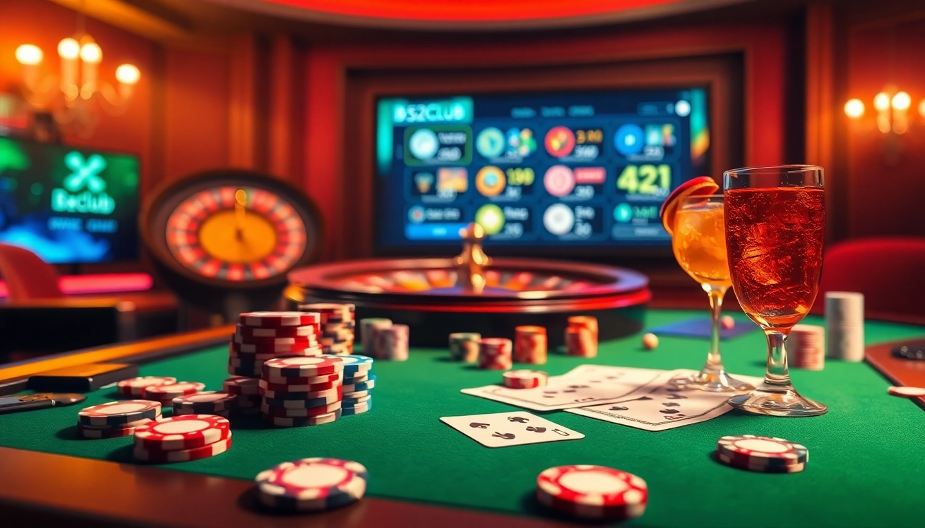 Experience the thrill of betting at B52club's glamorous poker table surrounded by vibrant casino elements.