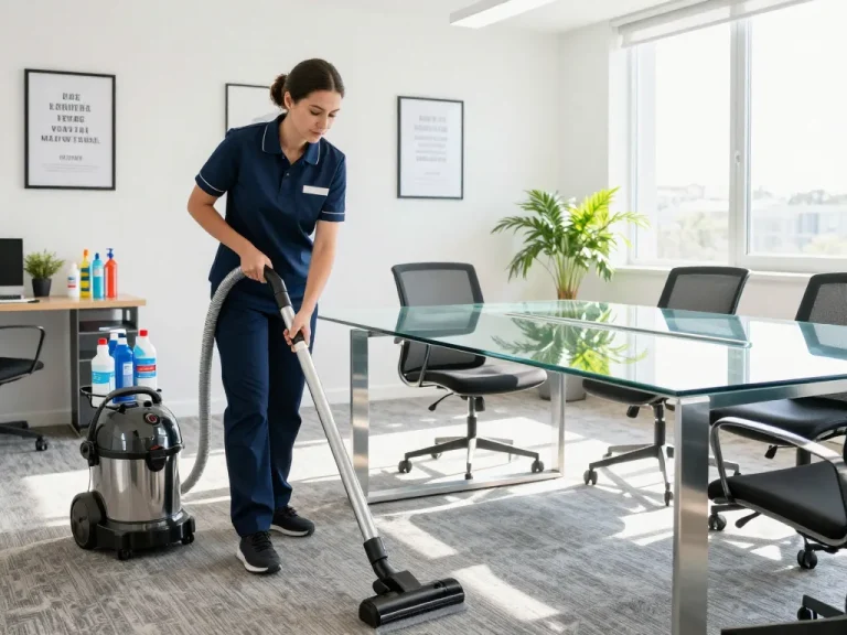 Reinigungsservice in Münster, der ein professionelles Reinigungsteam in einem lebhaften Büro zeigt, das für strahlende Sauberkeit sorgt.