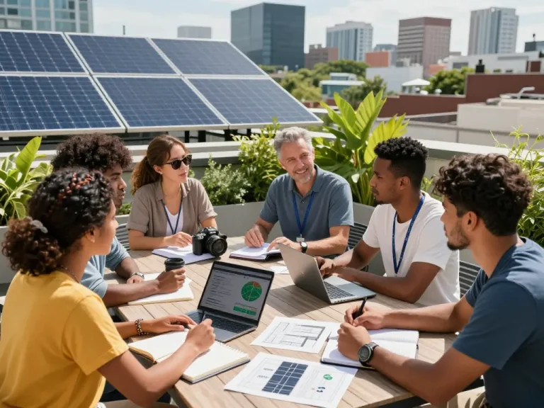 Engagierte Hausbesitzer erkunden Photovoltaik Wien Solarlösungen auf einem städtischen Dach.