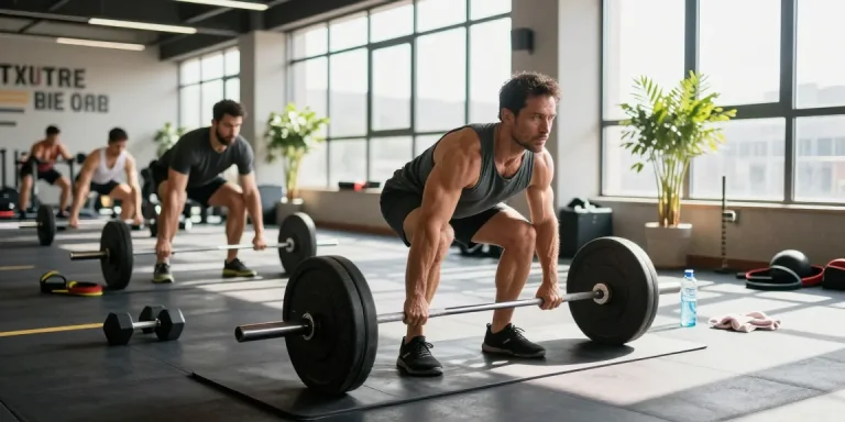 Athletischer Bodybuilder im Anabolika Shop Deutschland, der im modernen Fitnessstudio Kreuzheben macht und dabei Stärke und Hingabe zeigt.