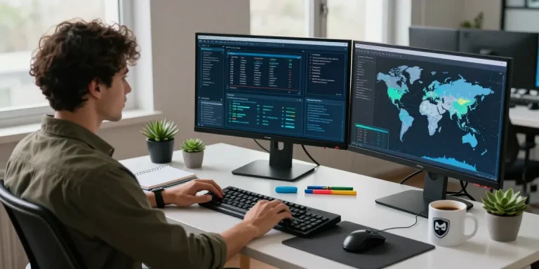 Anonymer VPN Anbieter featured in a tech workspace with security analyst monitoring cyber threats, highlighting privacy and productivity.